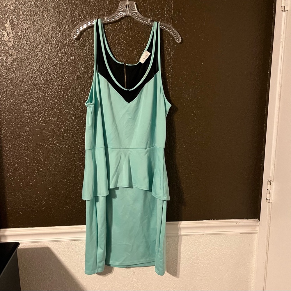Mint Green & Black Sleeveless Peplum Style Dress with Sheer Panels, Size 2X